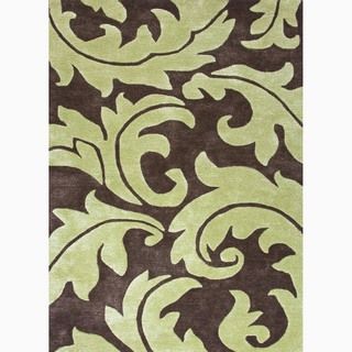 Hand made Abstract Pattern Brown/ Green Wool/ Art Silk Rug (8x10)