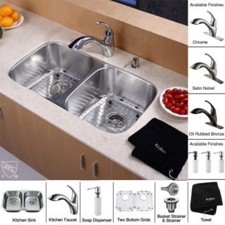 Kraus KBU22KPF2210KSD30ORB 32 inch Undermount Double Bowl Stainless Steel Kitchen Sink with Oil Rubbed Bronze Kitchen Faucet and Soap Dispenser