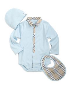 Burberry Infants Three Piece Check Trim Bodysuit, Hat & Bib Gift Set   Light Bl