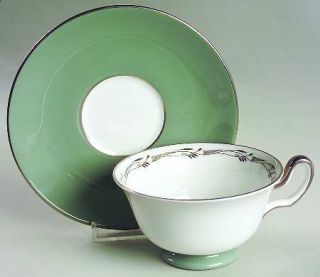 Wedgwood Halford Footed Cup & Saucer Set, Fine China Dinnerware   Light Green Ri