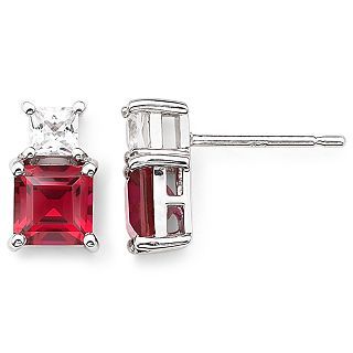 Sterling Silver Lab Created Ruby & White Sapphire Earrings, Womens