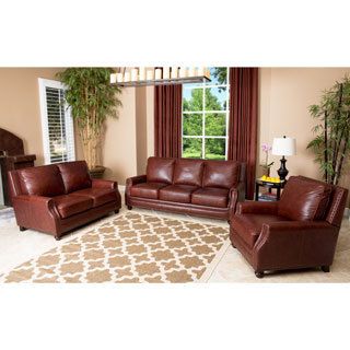 Abbyson Living Verona 3 Piece Hand Rubbed Leather Sofa, Loveseat, And Armchair (Two tone burgundyLeather match used on sides and backKiln dried hardwood framesHigh resiliency 2.2  density foam cushioning for added comfort and supportHand stitched detailsB