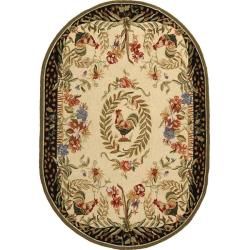 Hand hooked Rooster And Hen Cream/ Black Wool Rug (76 X 96 Oval)
