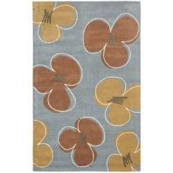 Handmade Soho Daisies Blue New Zealand Wool Rug (5 X 8)