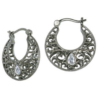 Oxidized Sterling Silver White Topaz Hoop Earrings, Black, Womens