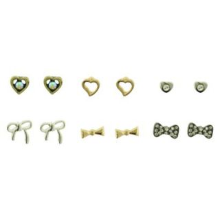 Womens Bow and Heart Stud Earrings Set of 6   Gold/Silver/Crystal