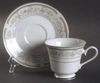 Seizan Lakeside Footed Cup & Saucer Set, Fine China Dinnerware   Blue&Tan Scroll