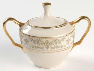 Lenox China Noblesse Sugar Bowl & Lid, Fine China Dinnerware   Green/Gold Leaves