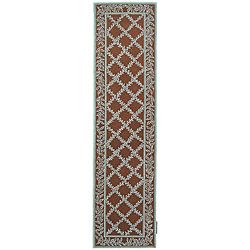 Hand hooked Trellis Brown/ Turquoise Blue Wool Runner (26 X 8) (BrownPattern GeometricMeasures 0.375 inch thickTip We recommend the use of a non skid pad to keep the rug in place on smooth surfaces.All rug sizes are approximate. Due to the difference of