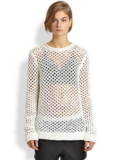 T by Alexander Wang Open Knit Long Sleeve Top   White