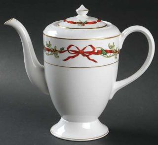 Royal Worcester Holly Ribbons Coffee Pot & Lid, Fine China Dinnerware   Red Ribb