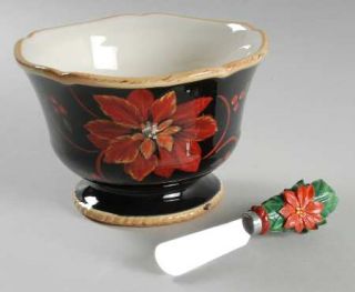 Poinsettia Dip Bowl & Spreader Set, Fine China Dinnerware   Red Flowers & Holly