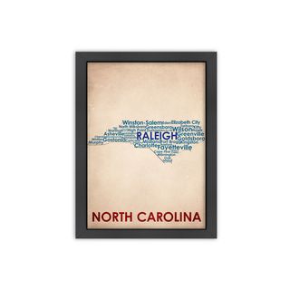 Wordmap North Carolina Framed Print (LargeSubject ContemporaryFrame Black wood frame with Italian Gesso Coating, d ring hangar with on a masonite back complete with turn buttonsMedium Giclee print on natural whiteImage dimensions 18 inches x 24 inches