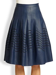 Halston Heritage Pleated Faux Leather Skirt   Navy