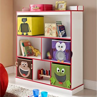 Altra Kids 3 shelf Bookcase With 4 Bins (WhiteProduct Dimensions 45.52 inches high x 37.01 inches wde x 11.73 inches deep Three (3) Storage ShelvesFor ages 4 and upMonkey, Frog, Owl, and Robot Bins IncludedRed Colored TrimOpen Gallery Top ShelfAssembly R
