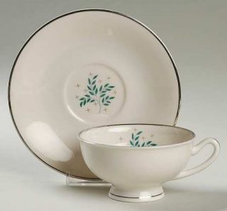 Syracuse Lyric Footed Cup & Saucer Set, Fine China Dinnerware   Green Leaves On