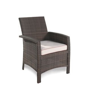 Aurora Ivory Cushion Wicker Dining Armchair (Burnt woodMaterials Aluminum frame, wicker, solution dyed polyesterFinish WickerCushions includedWeather resistantUV protectionWeight capacity 300 poundsDimensions 36 inches high x 27 inches wide x 22 inche