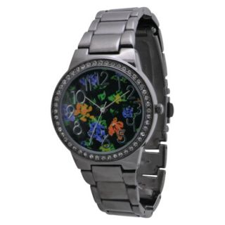 Womens Xhilaration Metal Bracelet with Floral Dial and Stones Watch   Gunmetal