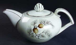 Kent (Japan) Silver Pine Teapot & Lid, Fine China Dinnerware   Brown Pinecone,Gr