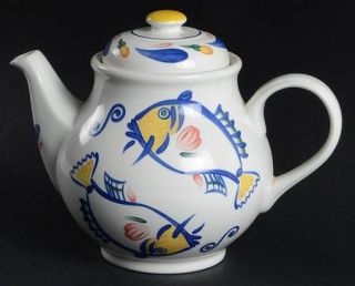 Johnson Brothers Aquabatic Teapot & Lid, Fine China Dinnerware   Multicolor Fish