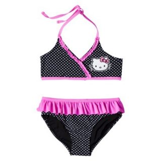 Hello Kitty Girls 2 Piece Halter Polka Dot Bikini Swimsuit Set   Black L