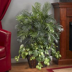 Double 3.5 foot Areca Palm With Vase And Pothos Polyester Plant
