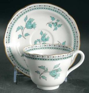 Spode Darlington Green (Teal) Footed Cup & Saucer Set, Fine China Dinnerware   T