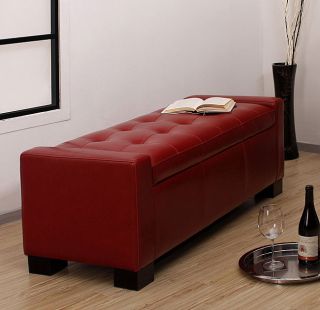 Tufted Burnt Red Leather Storage Bench