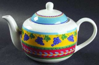 Vista Alegre Grapes Teapot & Lid, Fine China Dinnerware   Purple Grapes On Yello