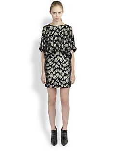 Saint Laurent Metallic Silk Dolman Sleeve Dress   Noir
