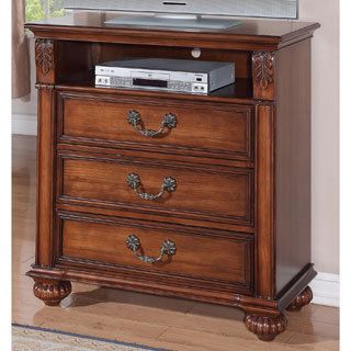Berkley 3 drawer Entertainment Chest (Hardwood solids/ pine veneersFinish Warm pineFeatures 3 spacious storage drawersFull extension side glides with built in drawerDust proofing under bottom drawers for added protectionAntique brass rosette drawer pulls