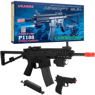 Airsoft Rifle/ Pistol Combo P1188 (BlackRifle FeaturesVelocity 360 FPS with 0.12g BBsMaximum range 35 yardsMagazine capacity 38 BBsDimensions 27.875 inches long x 2.25 inches wide x 9.25 inches highIncludes Tactical flashlight and laser (requires thr