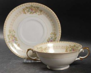 Meito Arbor Footed Cream Soup Bowl & Saucer Set, Fine China Dinnerware   Tan Scr