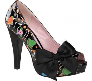 Womens Pin Up Bettie 13   Black Muertos Patent Leather/Black Satin Ornamented S