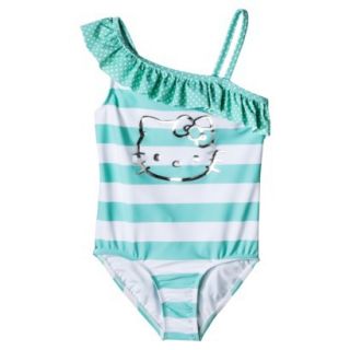 Hello Kitty Girls 1 Piece Striped Swimsuit   Misty Blue L
