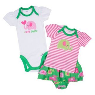Gerber Newborn Girls 3 Piece Elephant Skirt Set   Green/Pink 0 3 M