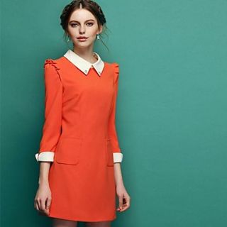 Womens Turn Down Collar Classic Hit Color Long Sleeved Dress