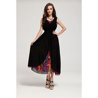 Womens V Neck Pure Ball Gown With Floral Print Ruffle Long Dress