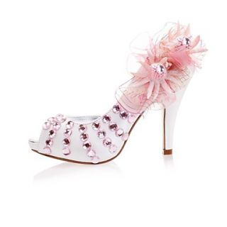 Satin Womens Wedding Stiletto Heel Peep Toe Sandals with Rhinestone and Flowers Shoes