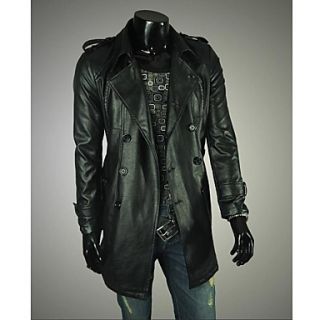 The Mens Premium Washed Leather Shoulder Straps Double Breasted Lapel Mens Long Leather Coat Parka