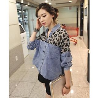 Womens Denim Leopard Patchwork Long Sleeves Casual Shirts
