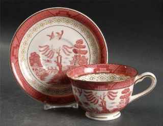 Nikko Pink/Red Willow Footed Cup & Saucer Set, Fine China Dinnerware   Double Ph