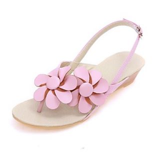 Faux Leather Womens Low Heel Flip Flop Sandals with Flower Shoes(More Colors)
