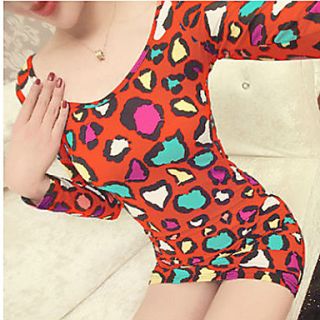 Lishang Womens Colorful Leopard Print Long Sleeve Dress(Orange)