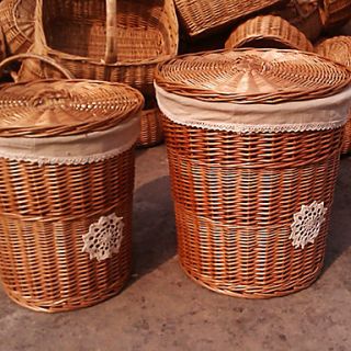 Knitted Flower Decorated Natural Country Side Barrel Laundry Handmade Wicker Storage Basket   One Piece