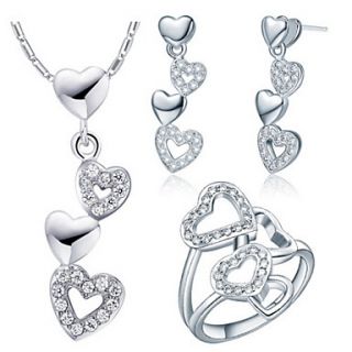 Fashion Silver Plated Silver With Cubic Zirconia Linked Heart Womens Jewelry Set(Including Necklace,Earrings,Ring)