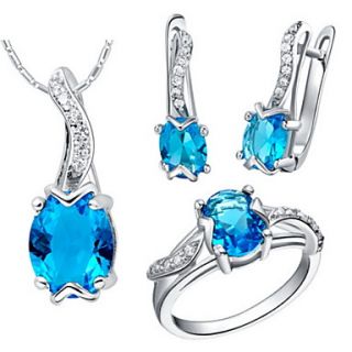 Original Silver Plated Cubic Zirconia Oval Womens Jewelry Set(Necklace,Earrings,Ring)(Blue,Red,Purple)