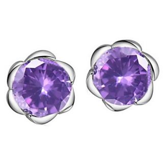 Sweet Silver Plated Silver With Purple Cubic Zirconia Flower Shape Womens Earring