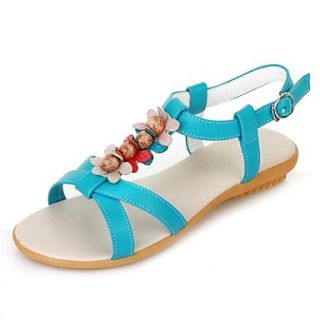 Faux Leather Womens Flat Heel T Strap Sandals With Flower Shoes(More Colors)