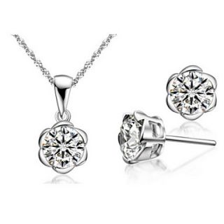 Classic Silver Plated Silver With Cubic Zirconia Flower Shaped Womens Jewelry Set(Including Necklace,Earrings)